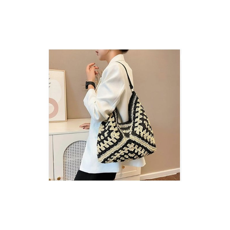 Bolso De Hombro Para Dama Hobo De Paja Con Asas Café