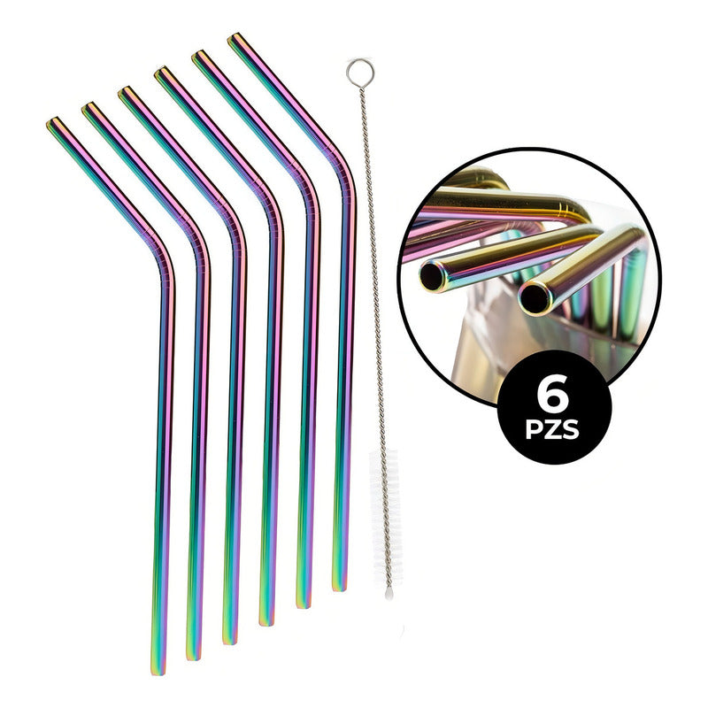 Popote Metálico (6 Piezas) Tornasol Y Plata