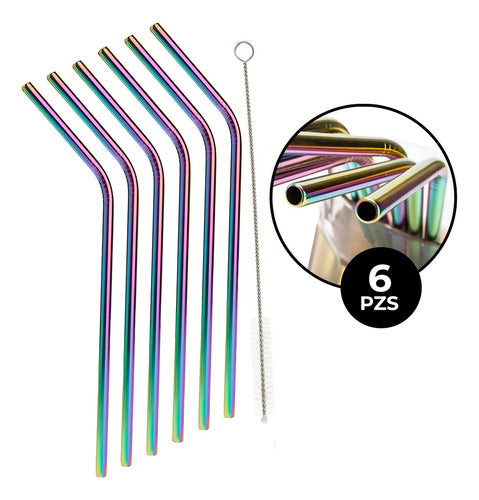 Popote Metálico (6 Piezas) Tornasol Y Plata